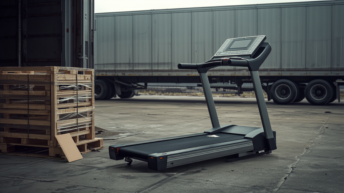 Damaged treadmill on a freight pallet at delivery, representing LTL freight shipping guarantees for Shopify merchants