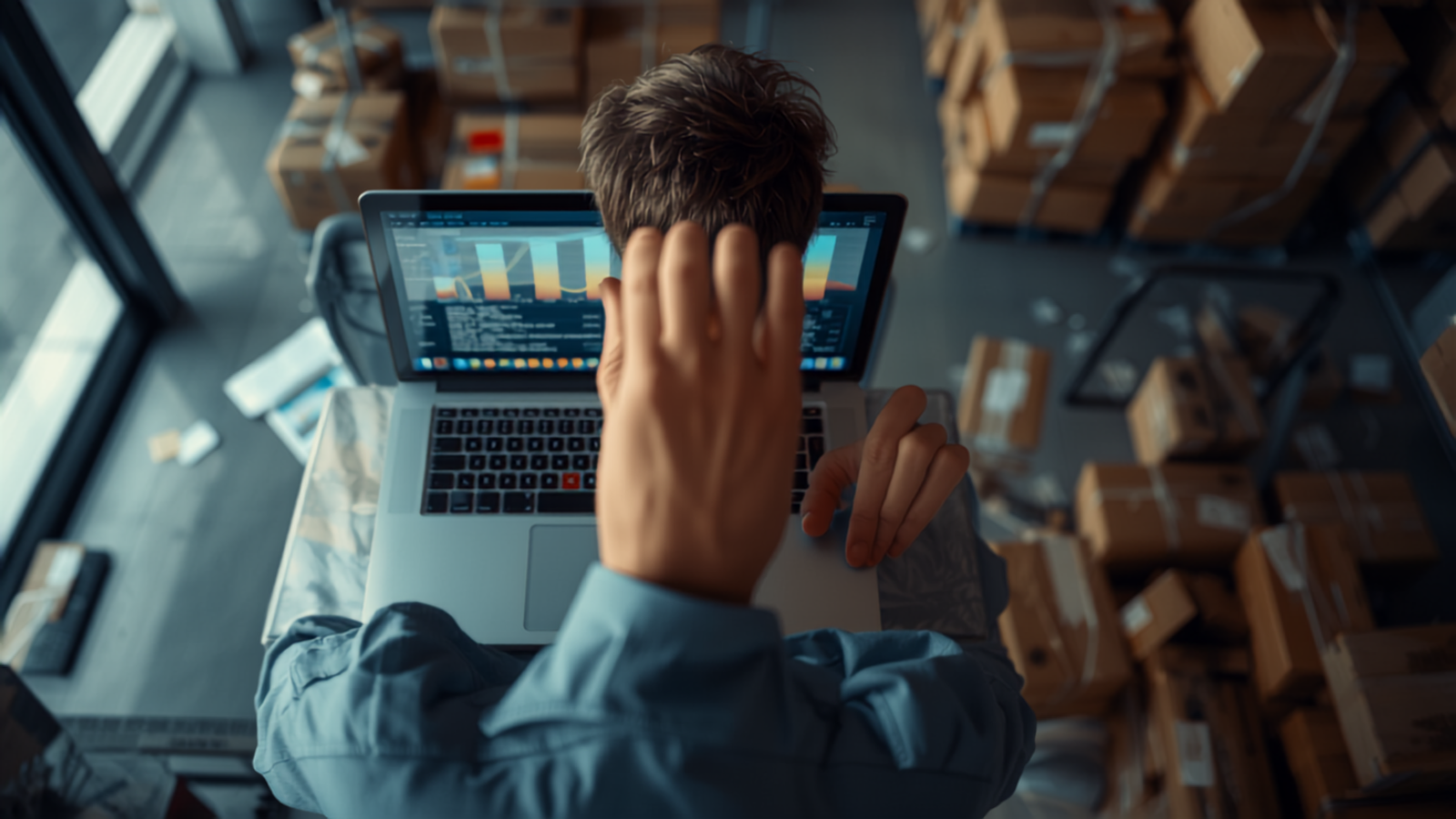 Warehouse manager reviewing a shipping resolution dashboard, representing resolution rules automation for Shopify merchants