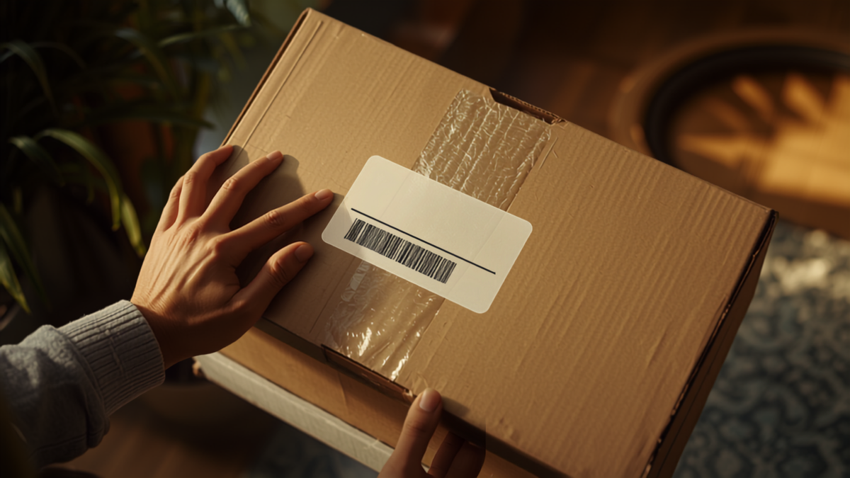 Buyer inspecting a fitness equipment box at the door, representing shipping guarantee checkout trust for Shopify merchants