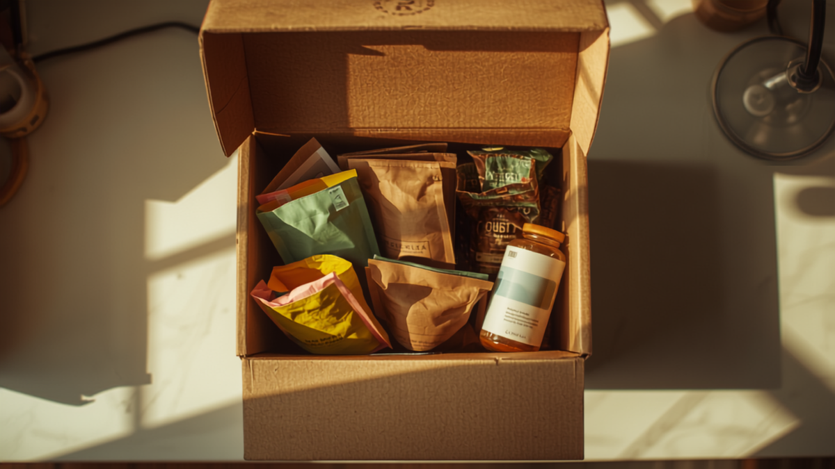 Opened food and beverage subscription box on a kitchen counter, representing shipping guarantee reliability for Shopify merchants