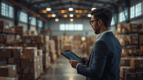 Warehouse manager reviewing shipment data on a tablet, representing resolution portal data for Shopify merchants