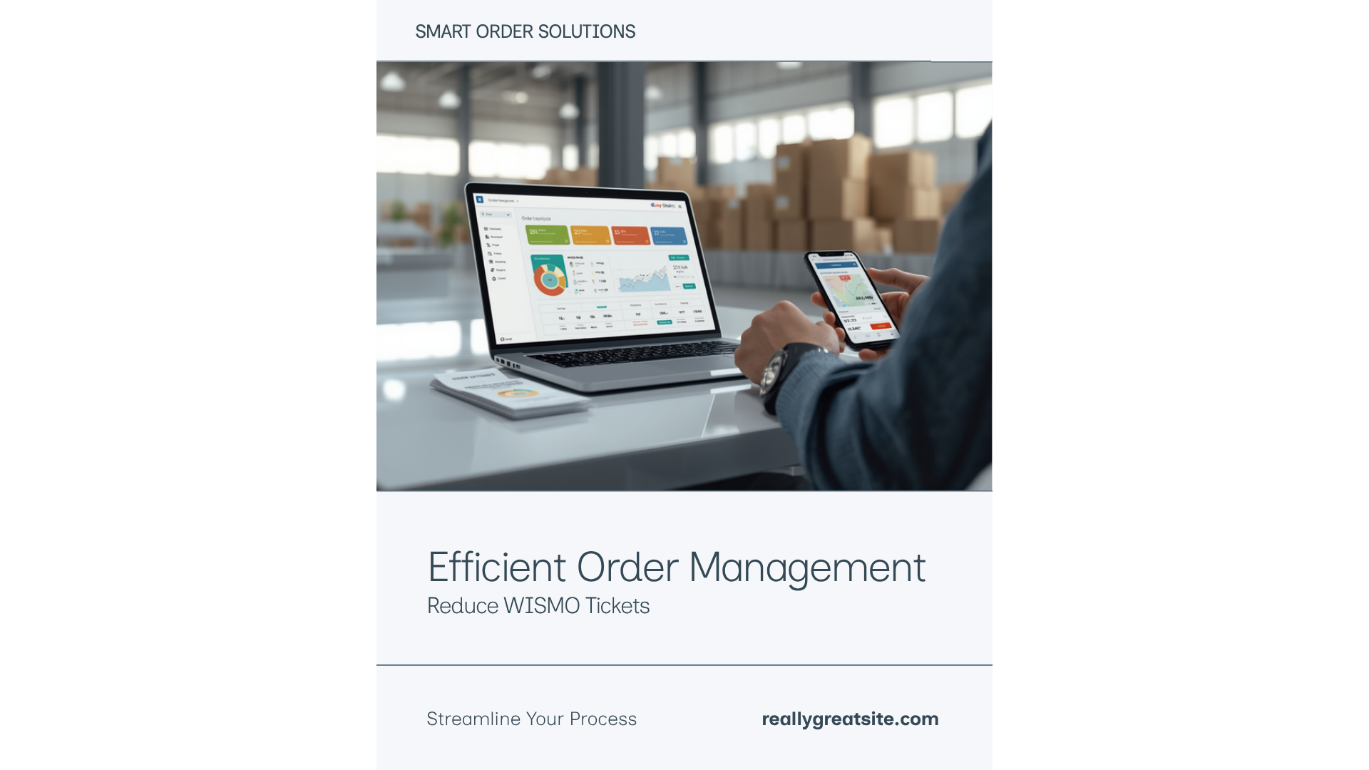 Warehouse worker reviewing an order dashboard next to a packed shipping label for AI-powered order editing.