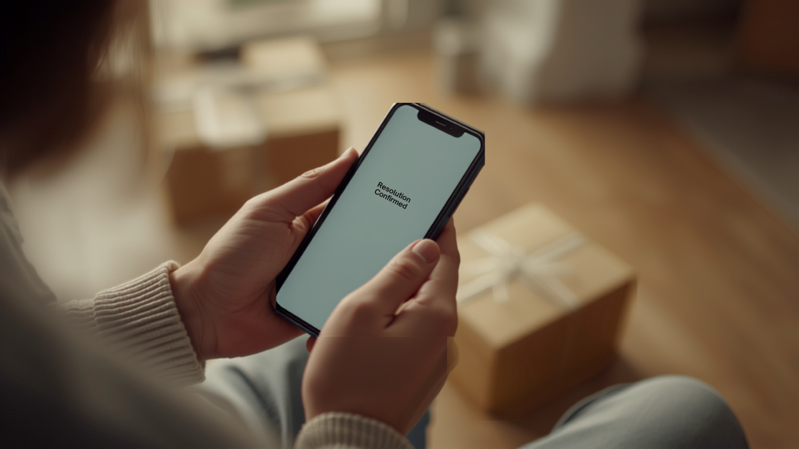 Customer resolving a delivery issue instantly on a phone, representing self-service resolution for Shopify merchants