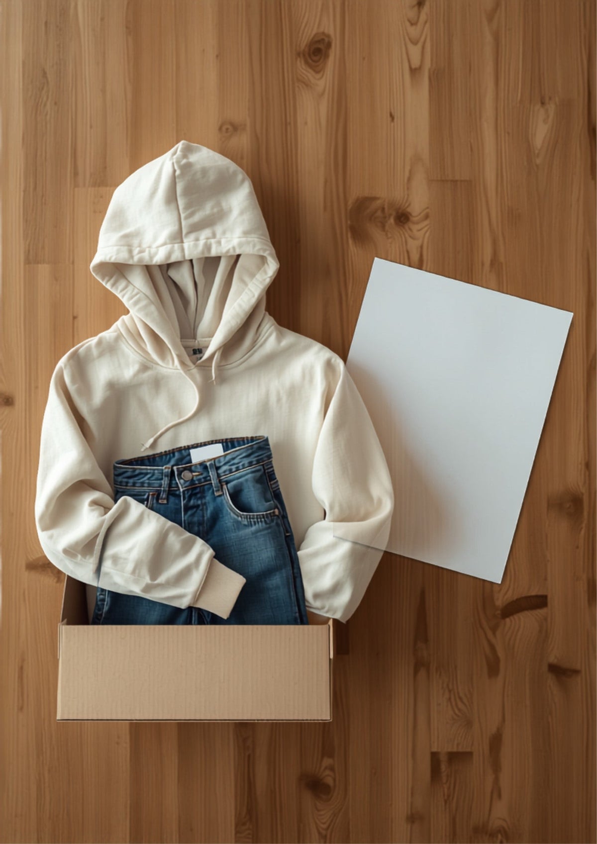 Folded apparel and an open shipping box with a blank return-label sheet on a wooden fulfillment desk, representing the operational cost of fashion ecommerce returns.