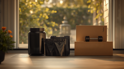 Supplement tubs and a fitness equipment box delivered on a home doorstep, representing high-ticket subscription shipments for health and fitness DTC brands