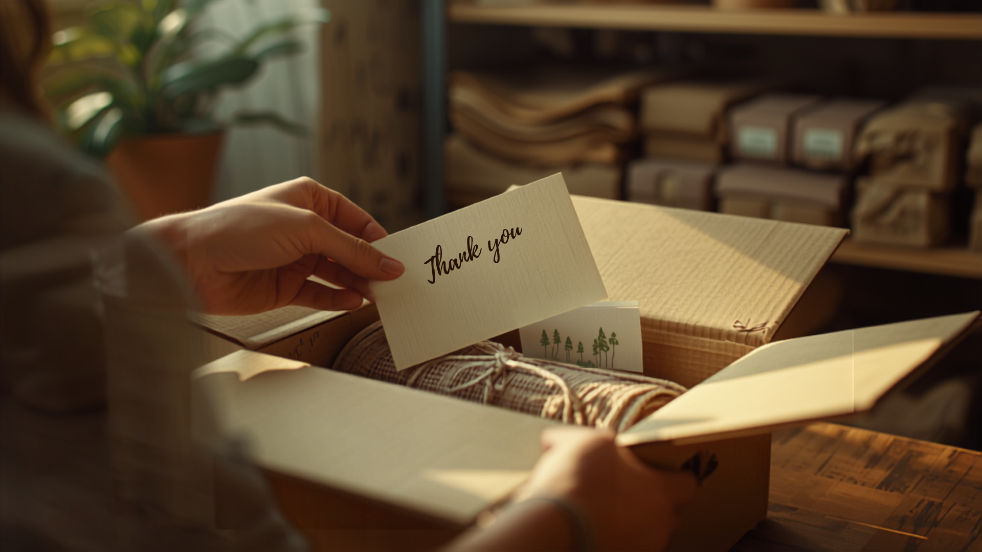 Warehouse worker packing an online order box with a handwritten thank-you note and a small cause card inside, warm natural light, editorial photography