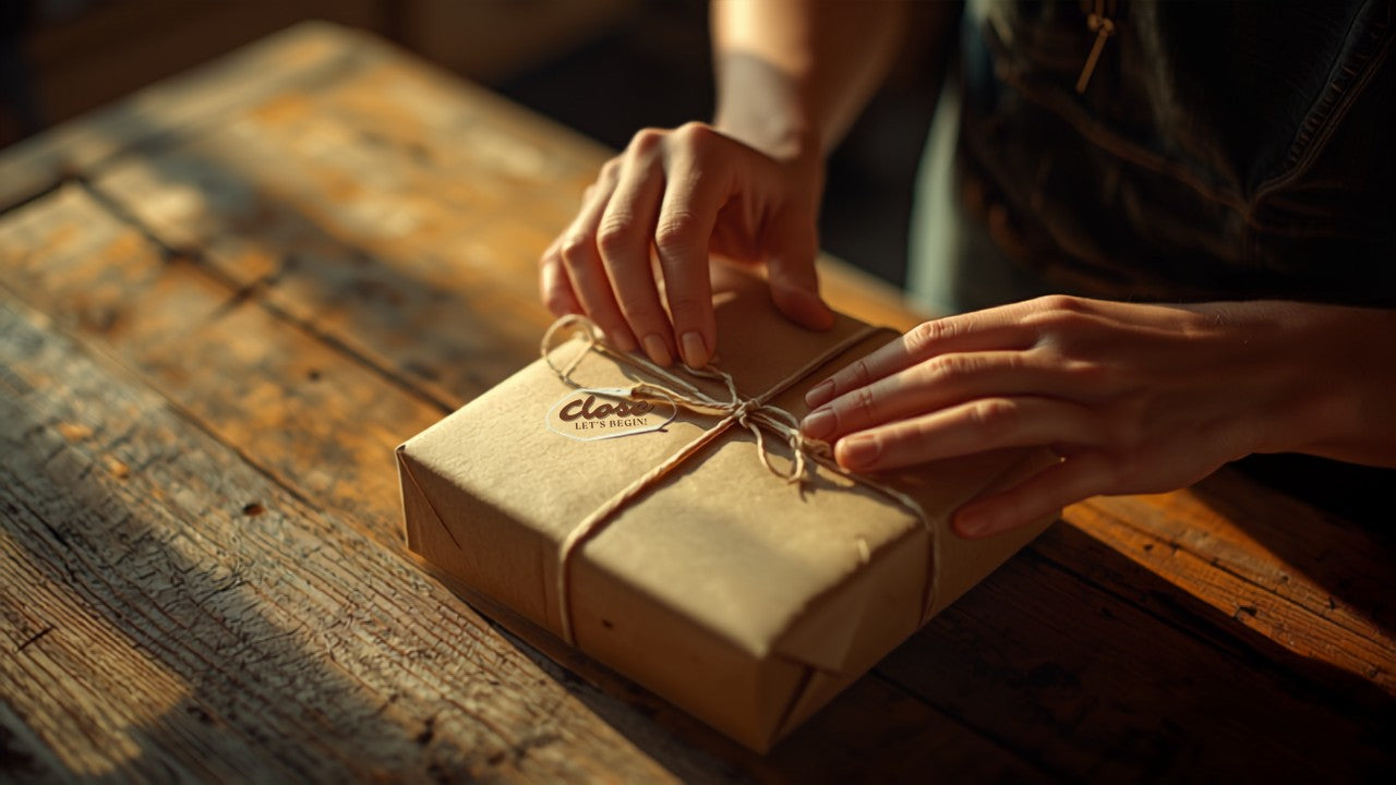 Brand founder packing order with cause ribbon in warm light, representing purpose-driven commerce for Shopify merchants