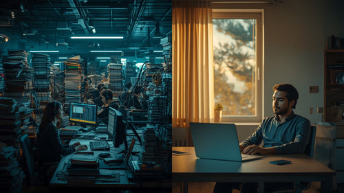 Split scene of overwhelmed support team vs calm customer self-resolving, representing shipping support for Shopify merchants
