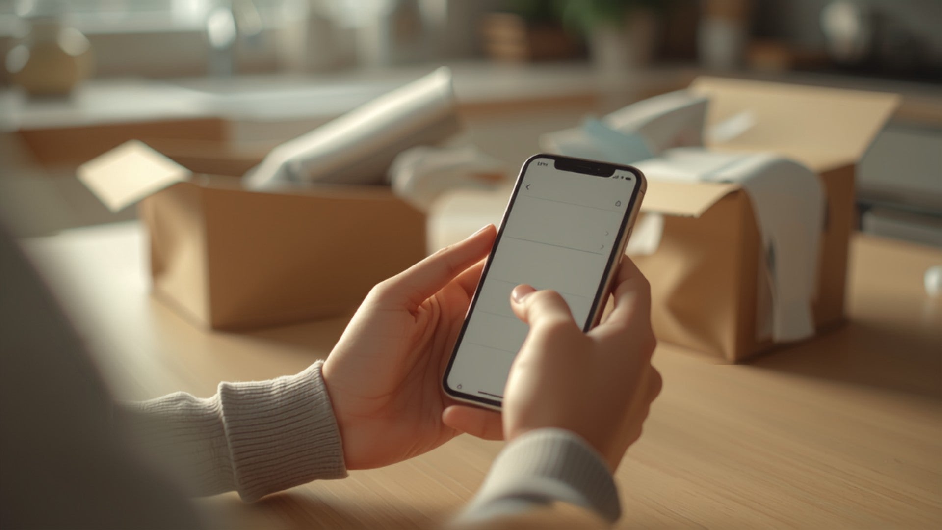 Customer using a smartphone to edit an online order at home next to a shipping box