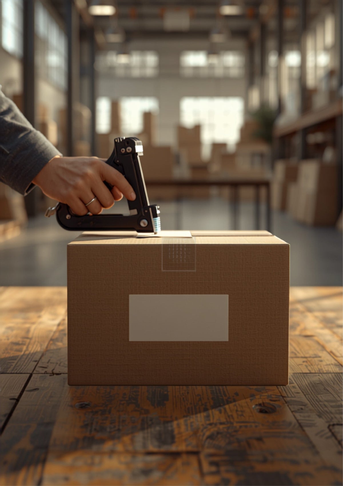 A fulfillment worker carefully packing a reshipment box on a warehouse table, representing a fast, well-handled post-purchase resolution.