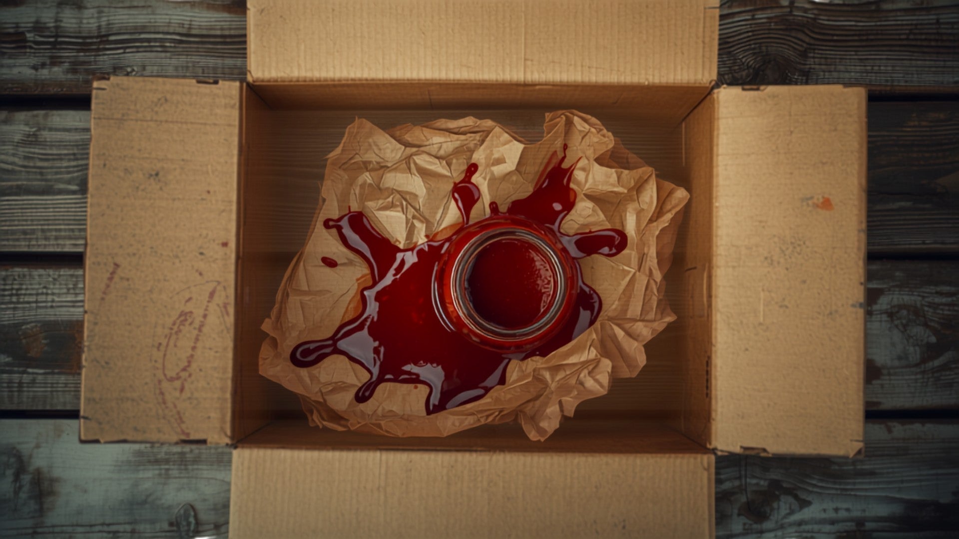 Opened shipping box with a damaged food product delivery on a doorstep.