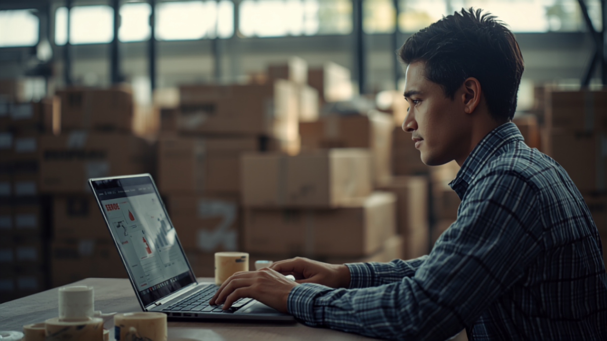Warehouse operator reviewing a post-purchase order editing screen on a laptop, with packing boxes in the background