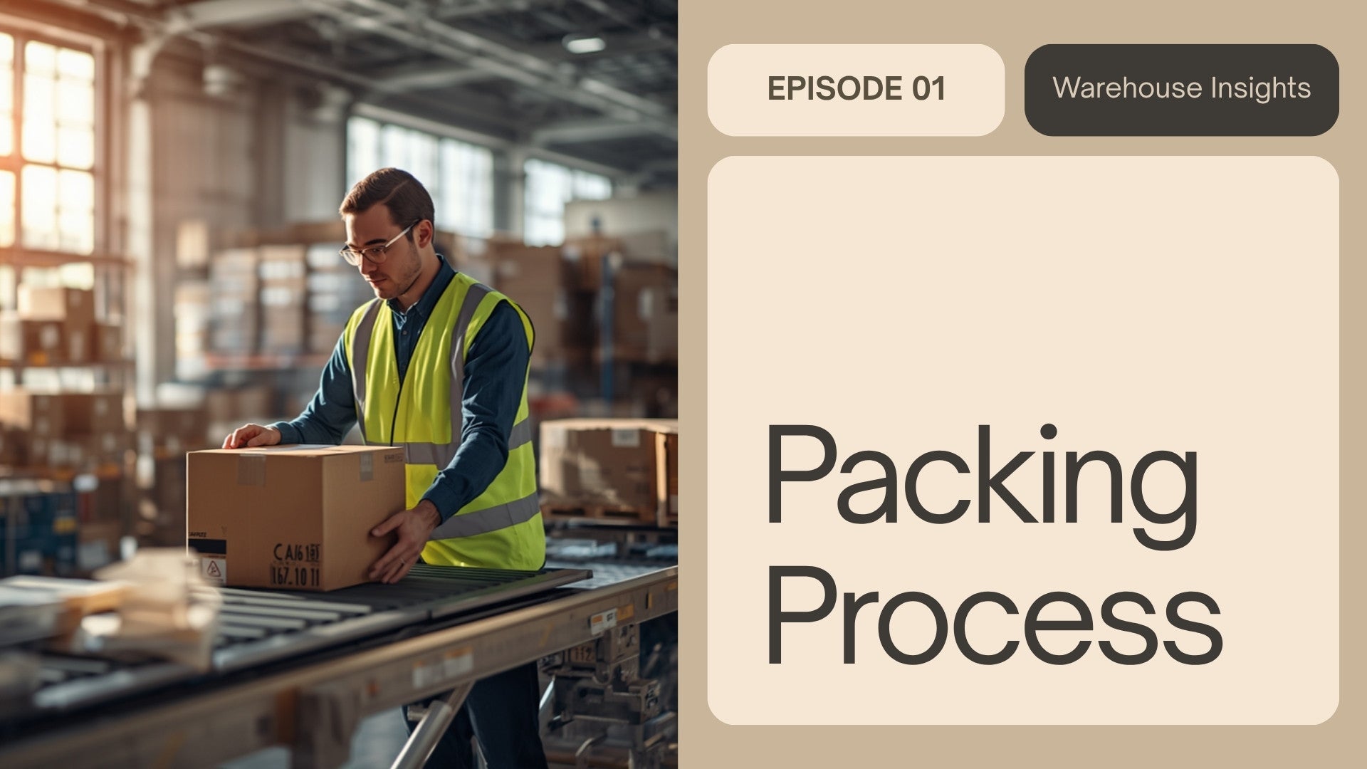 Warehouse worker packing a shipping box on a conveyor belt in a fulfillment center