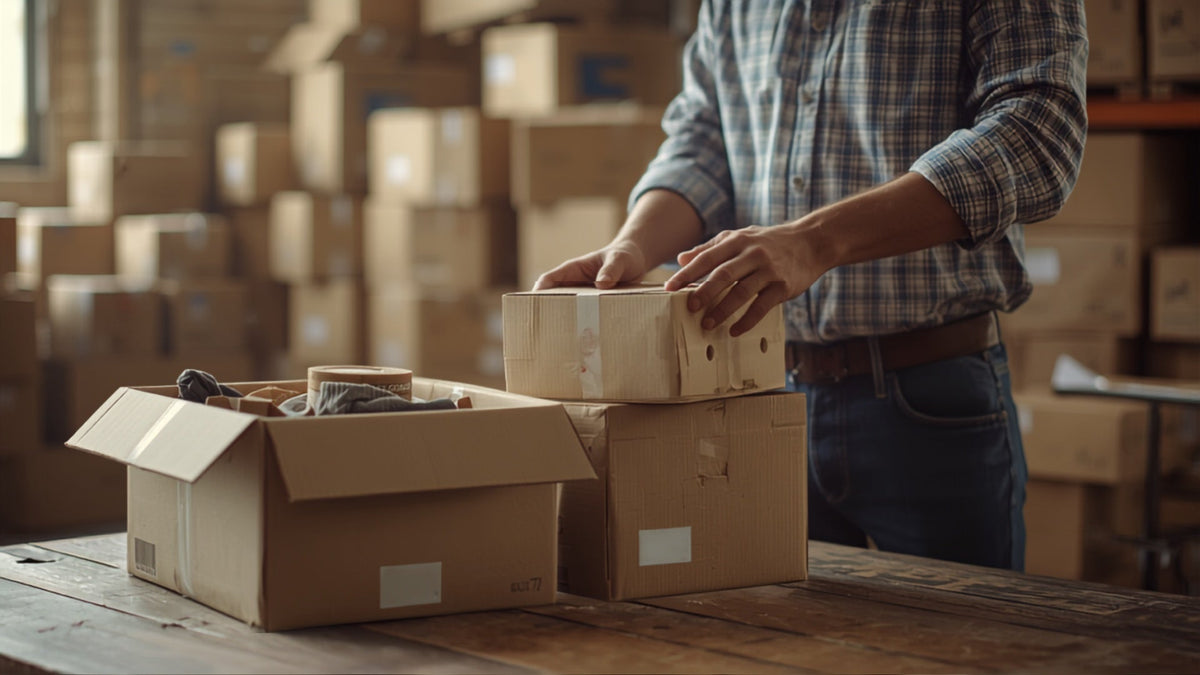 Warehouse worker preparing an exchange shipment next to an opened customer return box.