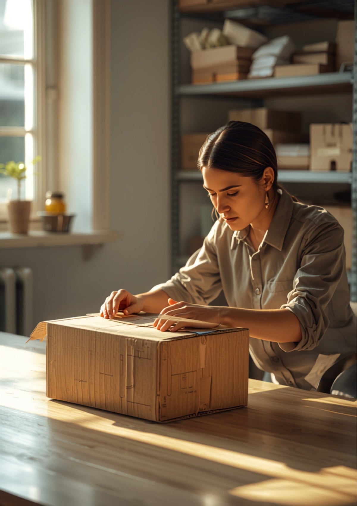 Ecommerce operator calmly preparing a replacement shipment at a bright packing table after a customer shipping issue, representing a fast, trust-building resolution.