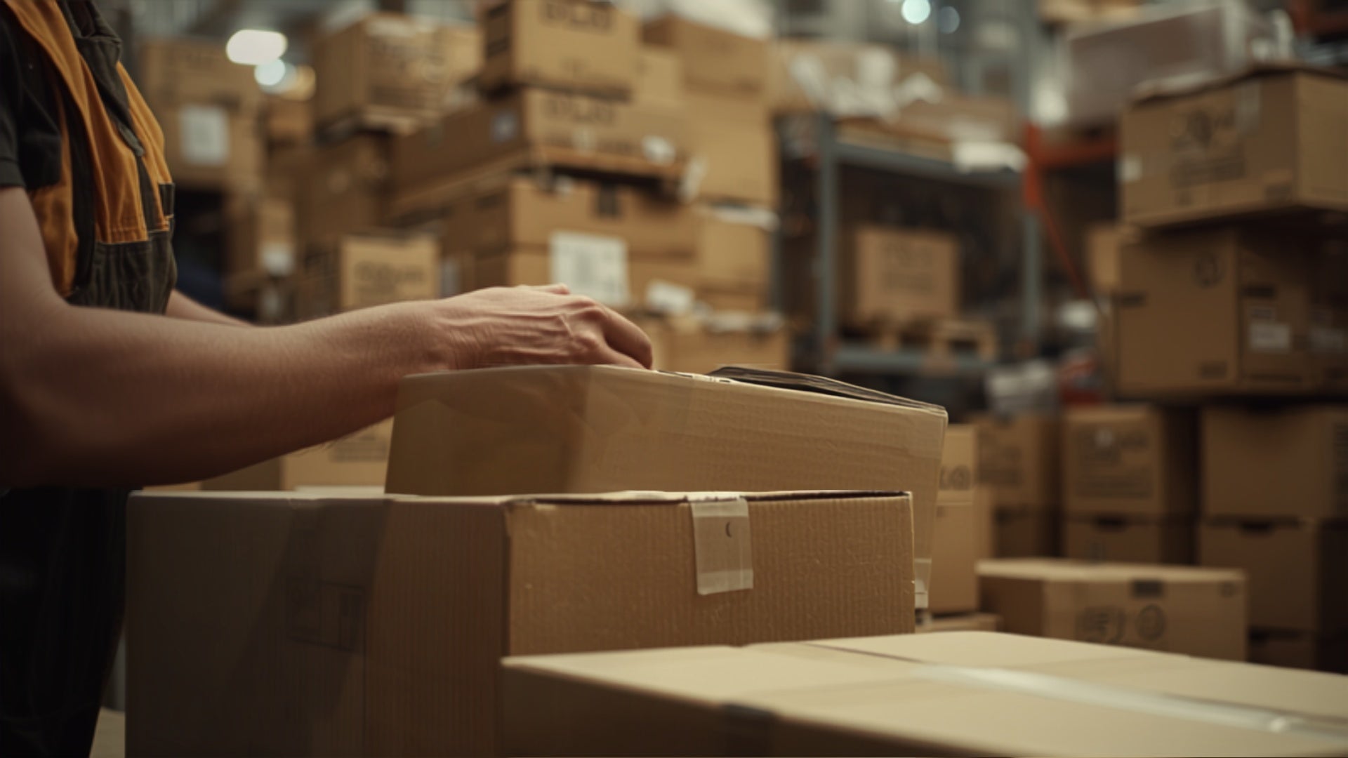 Warehouse worker packing shipping boxes at a fulfillment station during peak holiday shipping season.