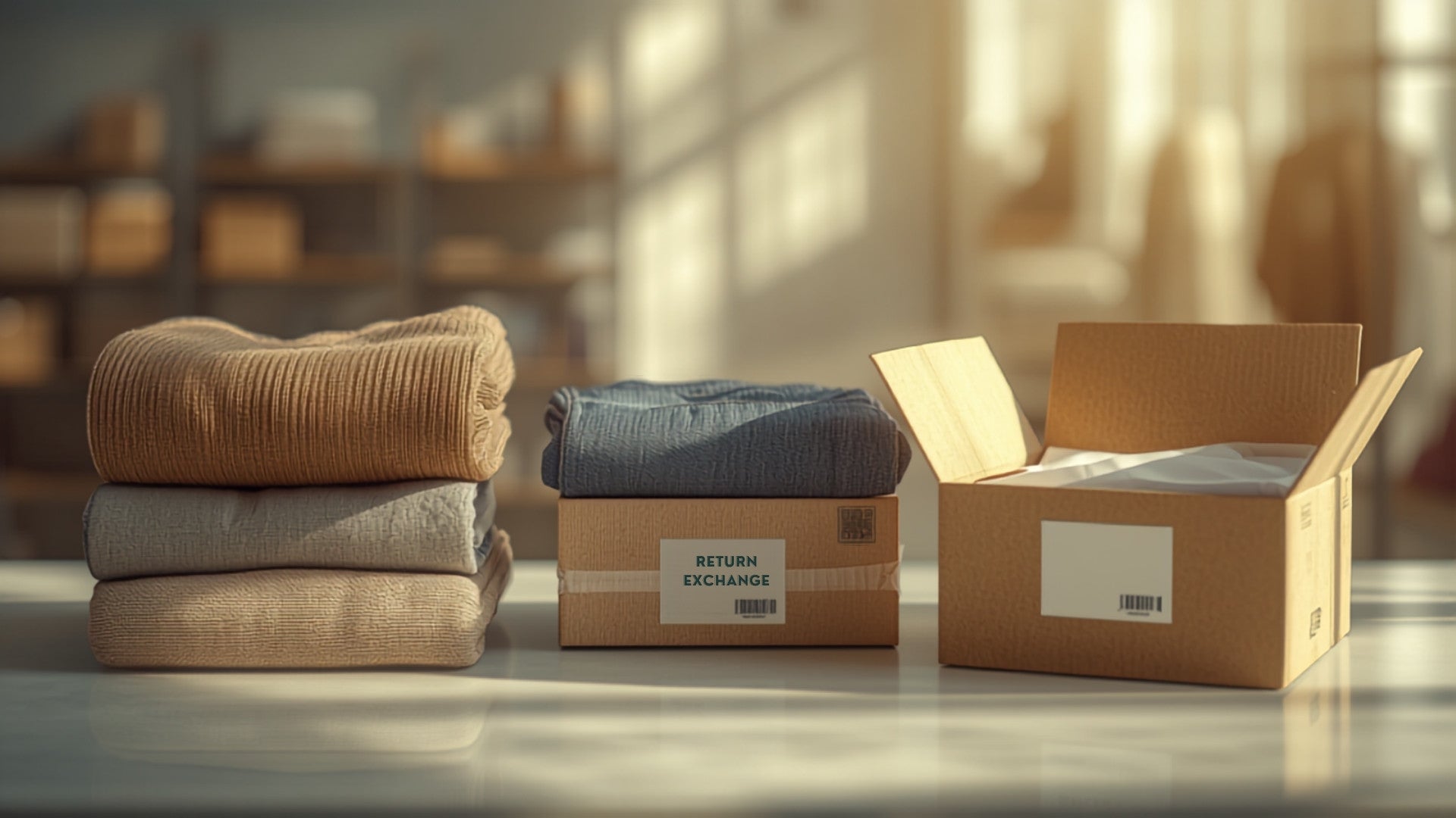 Folded apparel and shipping boxes staged at a brand fulfillment desk during a return and exchange