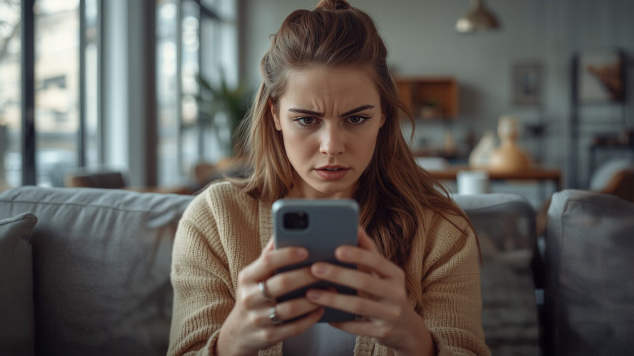 Frustrated customer looking at phone with locked order screen, representing the locked order problem for Shopify merchants