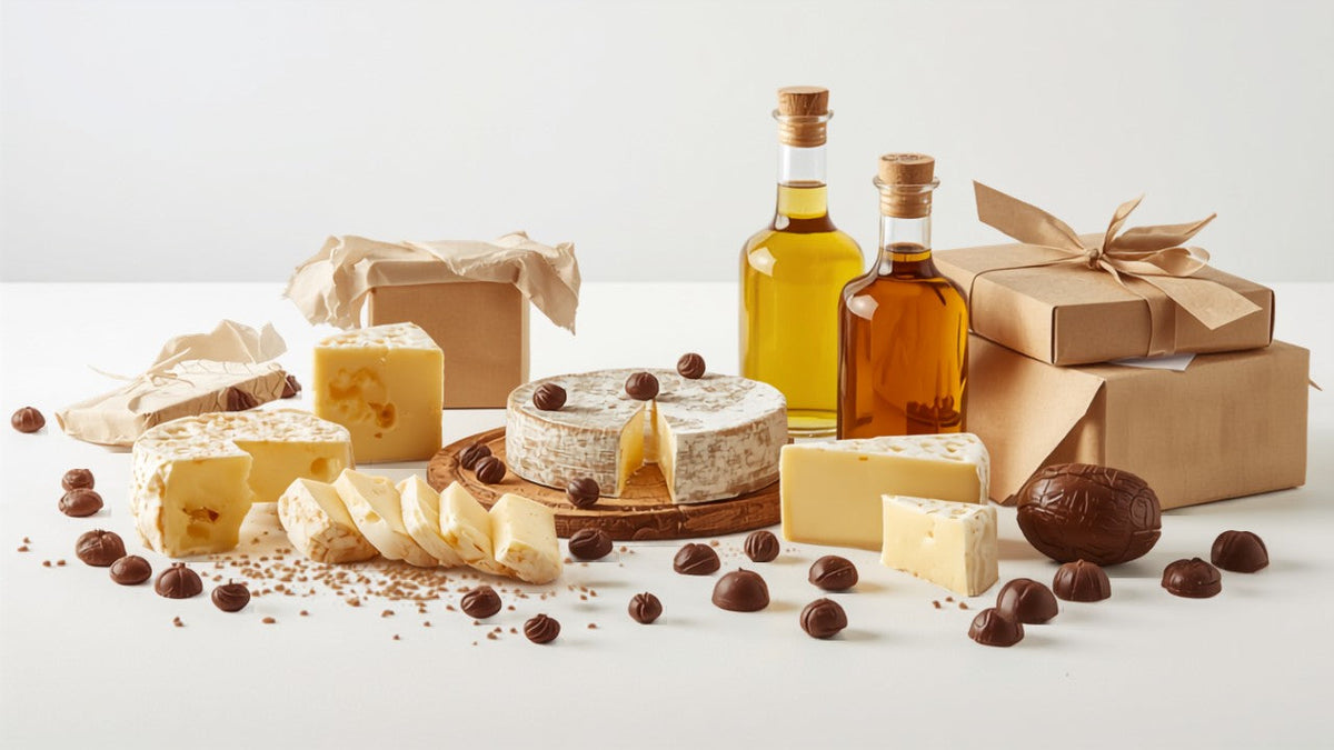 Premium gourmet food products next to shipping boxes, representing DTC food brand shipment protection for Shopify merchants