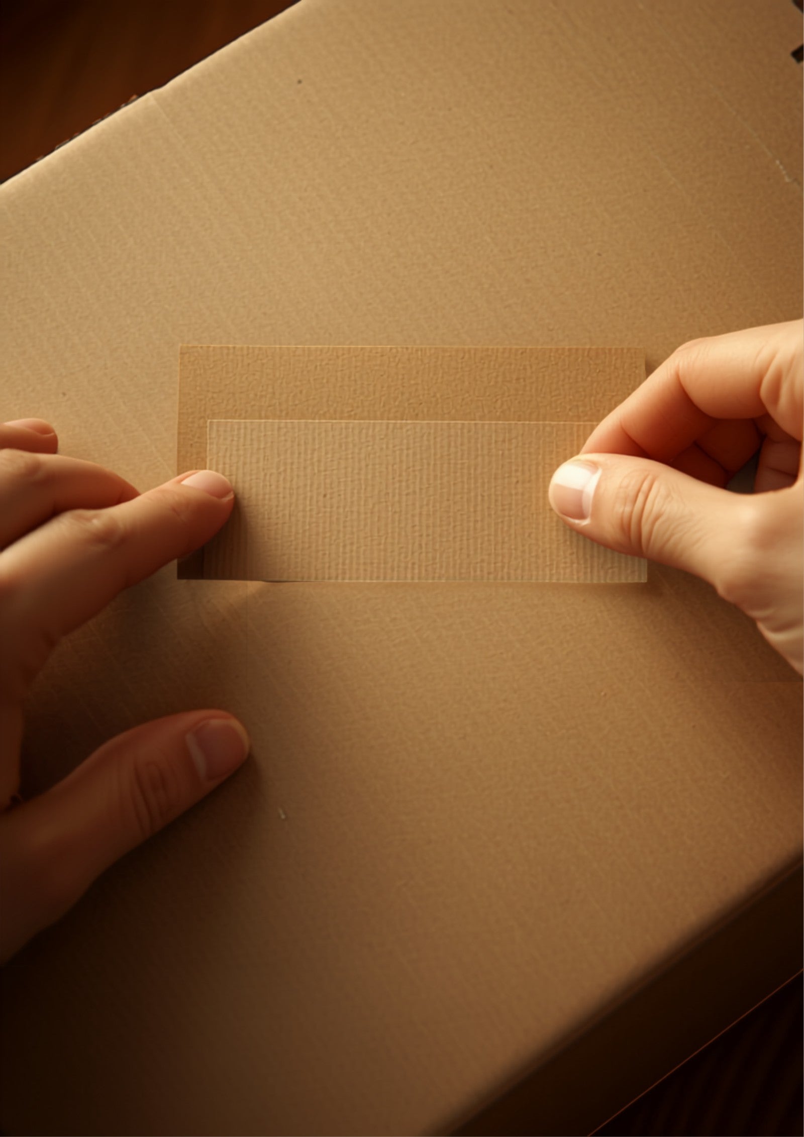 A close-up of hands applying a blank shipping label to a cardboard box, representing a merchant handling shipping resolutions directly rather than through carrier claims.