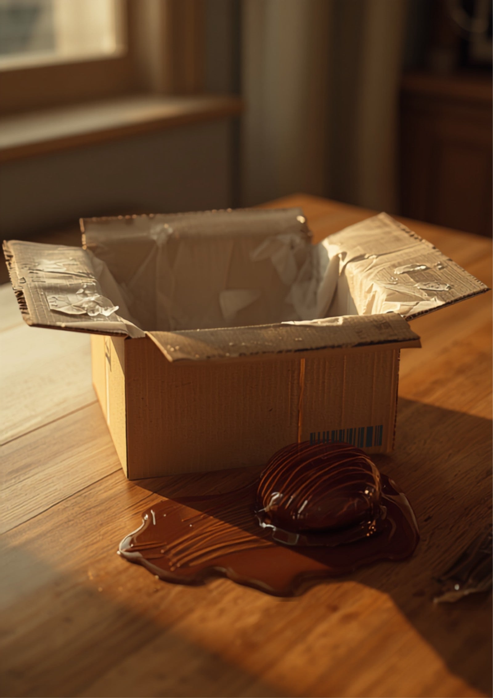 An opened shipping box with a melted ice pack and insulated liner next to a spoiled food item, showing the kind of transit damage perishable brands must resolve quickly.