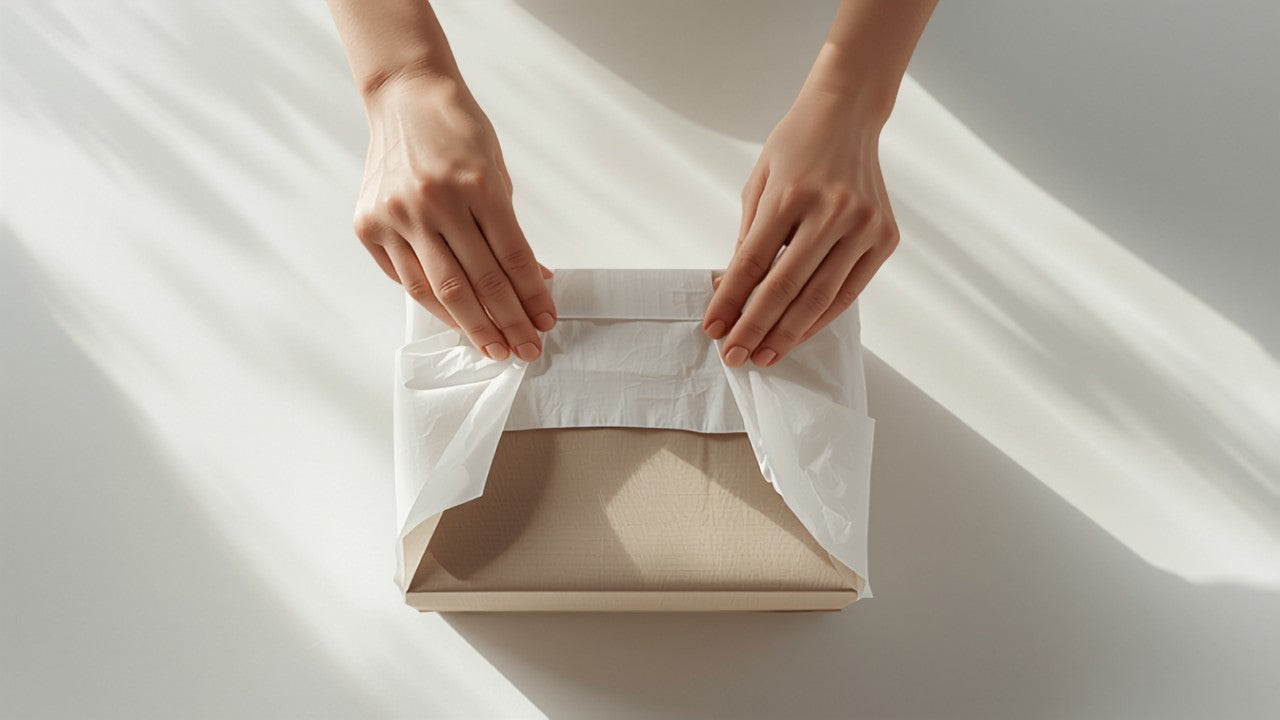 A customer unboxing a fashion apparel order, representing post-purchase experience for Shopify brands