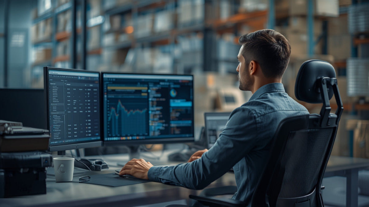 An ecommerce operations analyst reviewing shipment and order data on a computer screen in a warehouse office, illustrating fraud pattern detection for repeat resolution filers.