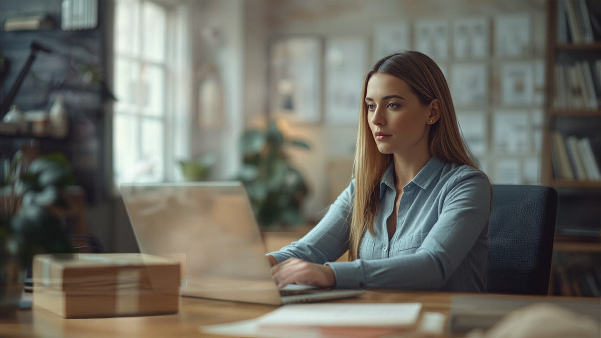 Customer viewing a self-service order resolution status on a laptop in a bright home office, with a shipping box on the desk