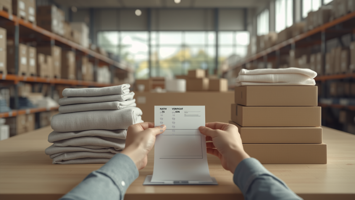 Folded apparel and shipping boxes on a table with hands checking a garment size tag against a packing slip in a bright fulfillment space