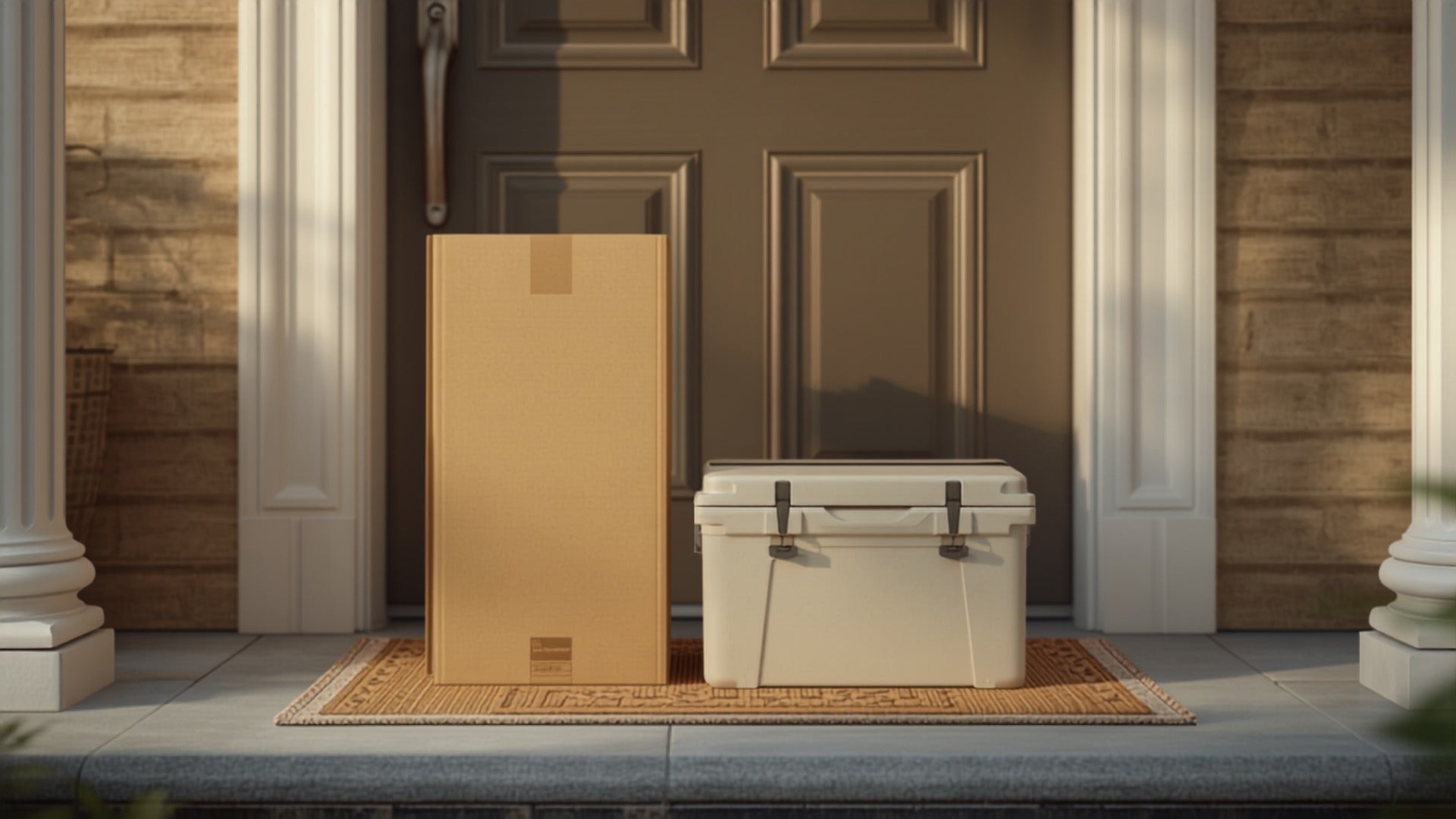 Large fitness equipment shipping box and a supplement subscription box on a home doorstep, representing high-value order and subscription shipment protection for health and fitness brands.