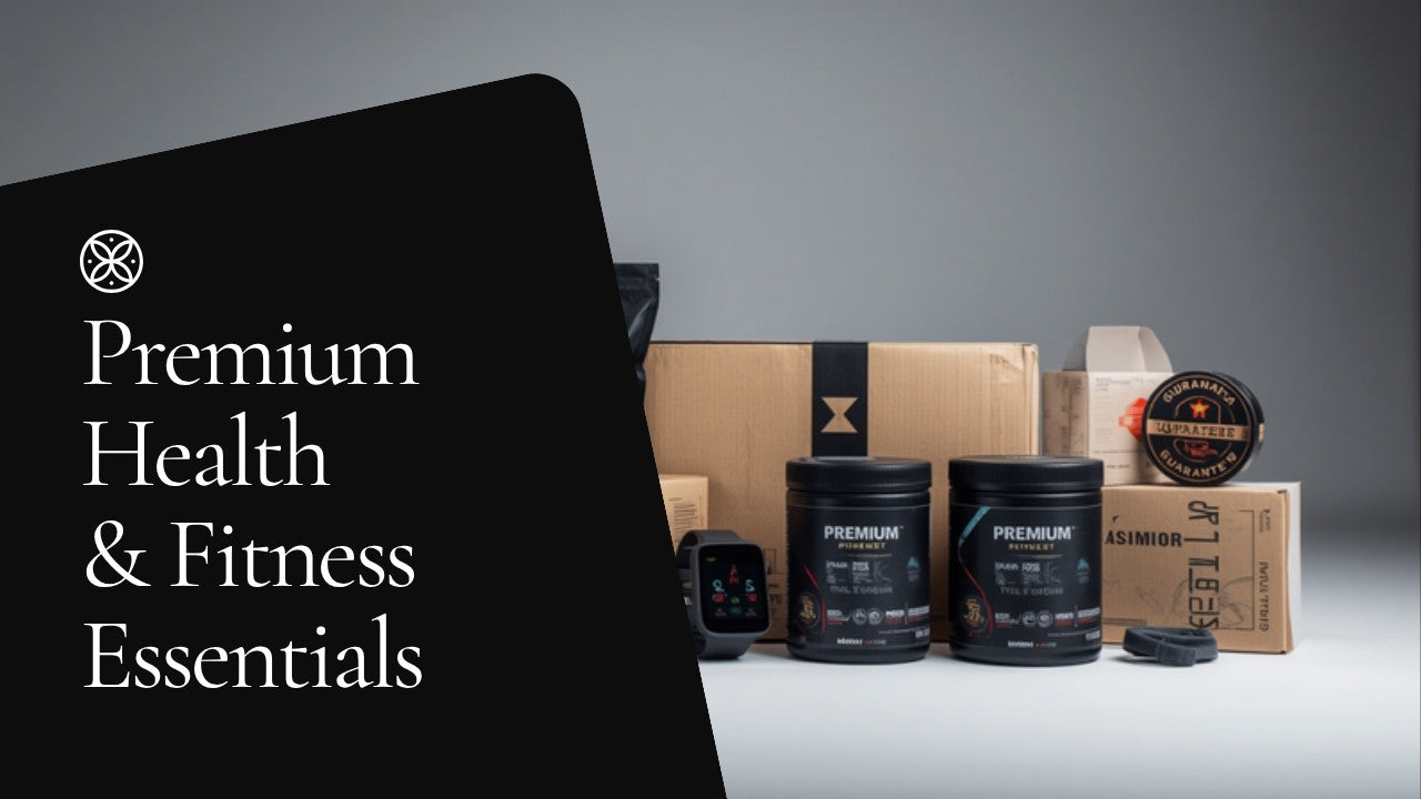 Premium fitness dumbbells, supplement tubs, and resistance bands arranged next to branded shipping boxes with a guarantee shield, representing shipping protection infrastructure for high-ticket health and fitness brands