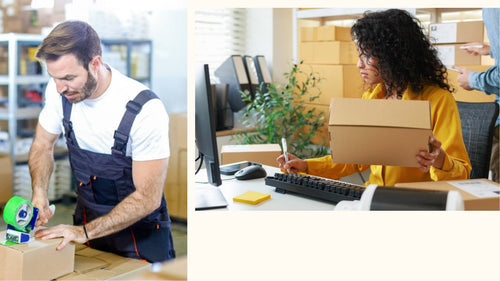 Fulfillment worker packing a shipping box, representing the Shipping Guarantee resolution for Shopify merchants.