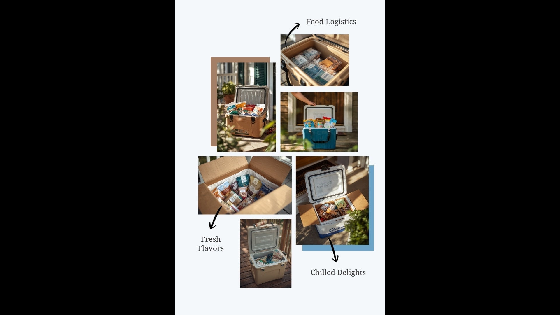 Insulated shipping cooler box opened on a doorstep revealing chilled perishable food packaging with gel ice packs, representing DTC food and beverage cold chain shipping