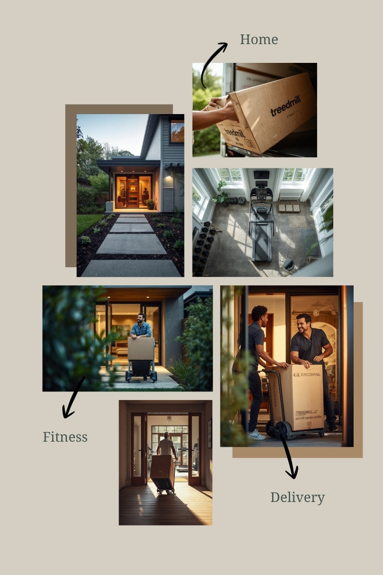Freight driver delivering a boxed treadmill to a home gym, representing fitness equipment shipping for Shopify merchants