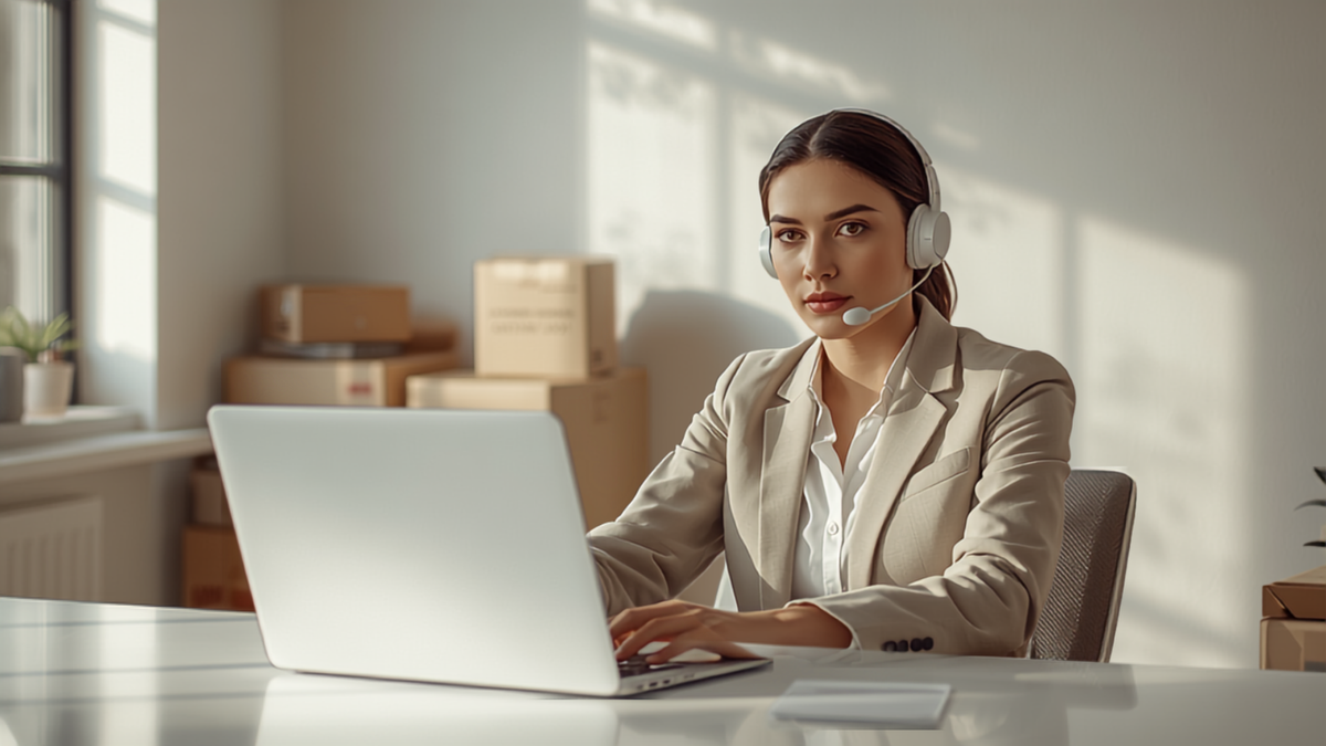 Customer support agent working calmly at a clean desk with shipping boxes softly blurred in the background, representing reduced ticket volume from a self-service resolution portal.
