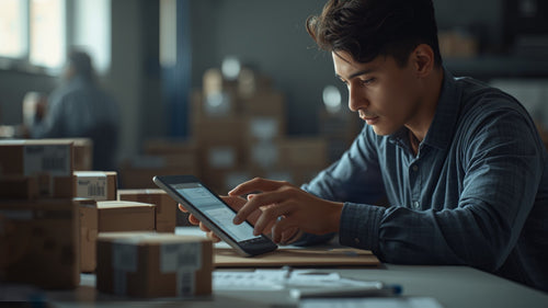 Warehouse fulfillment worker reviewing an order correction on a tablet at a packing station before shipment