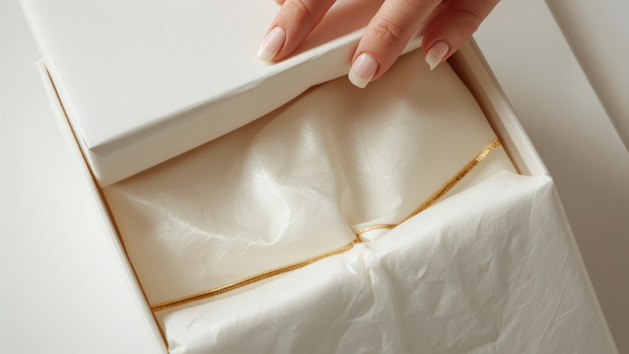 Elegant fashion branded box being opened with tissue paper, representing post-purchase for fashion brands on Shopify