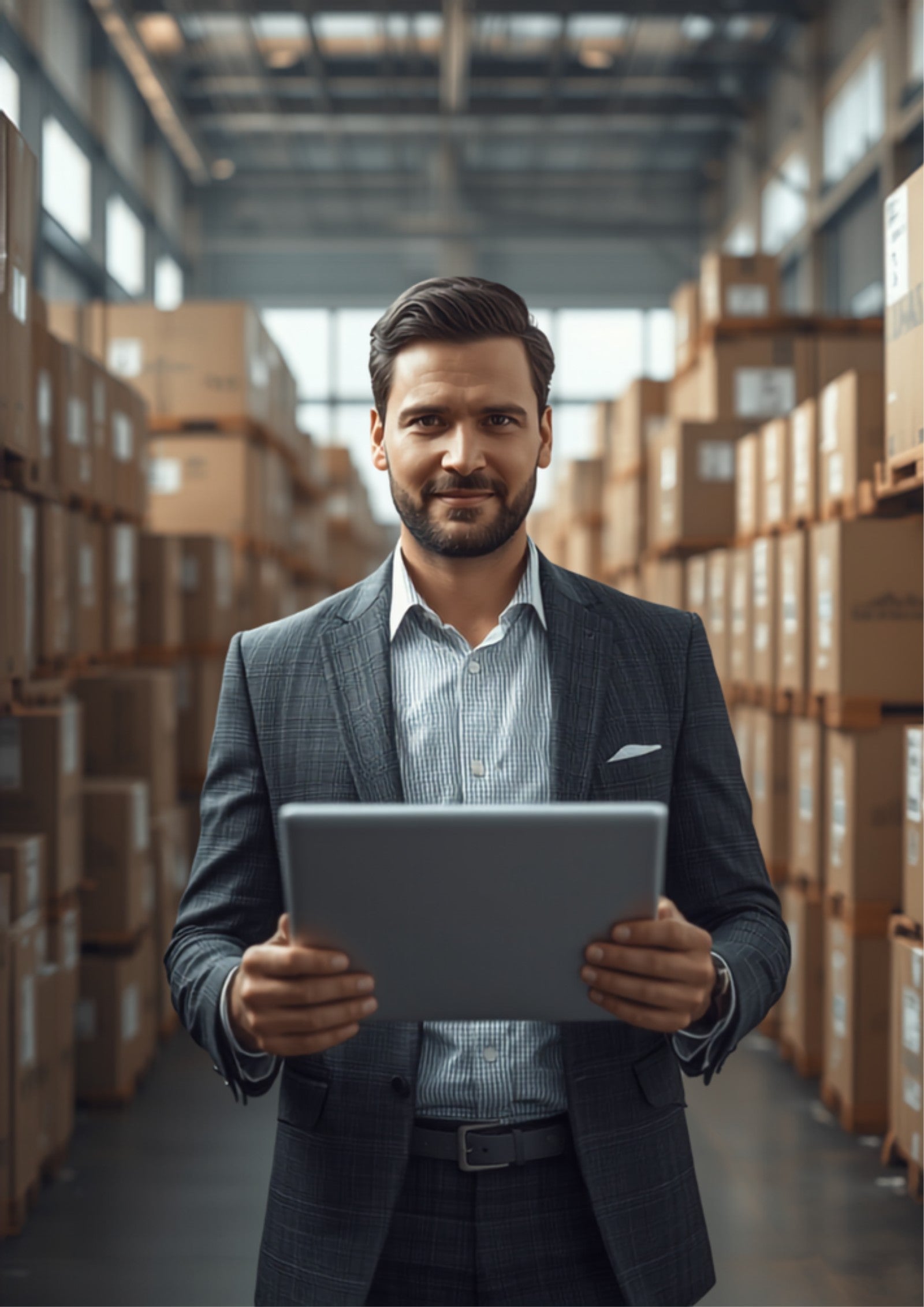 Ecommerce operator reviewing a tablet with package tracking information in a bright fulfillment warehouse, representing the choice between a shipping guarantee program and a returns-focused platform.