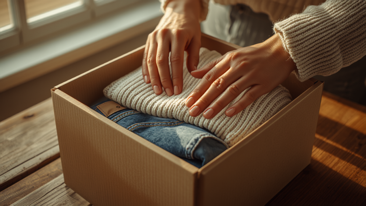 A customer folding a sweater into a shipping box during an apparel size exchange.