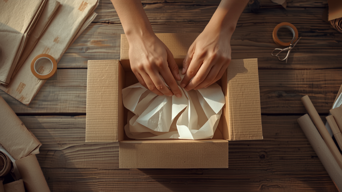 A small business owner's hands carefully packing a cardboard shipping box on a wooden table, representing a purpose-driven Shipping Guarantee checkout experience.