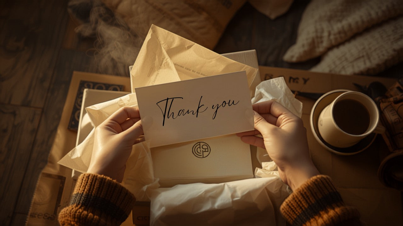 Happy customer joyfully unboxing a beautifully branded package with tissue paper and a handwritten thank-you card, representing the post-purchase experience as a brand retention asset for Shopify merchants