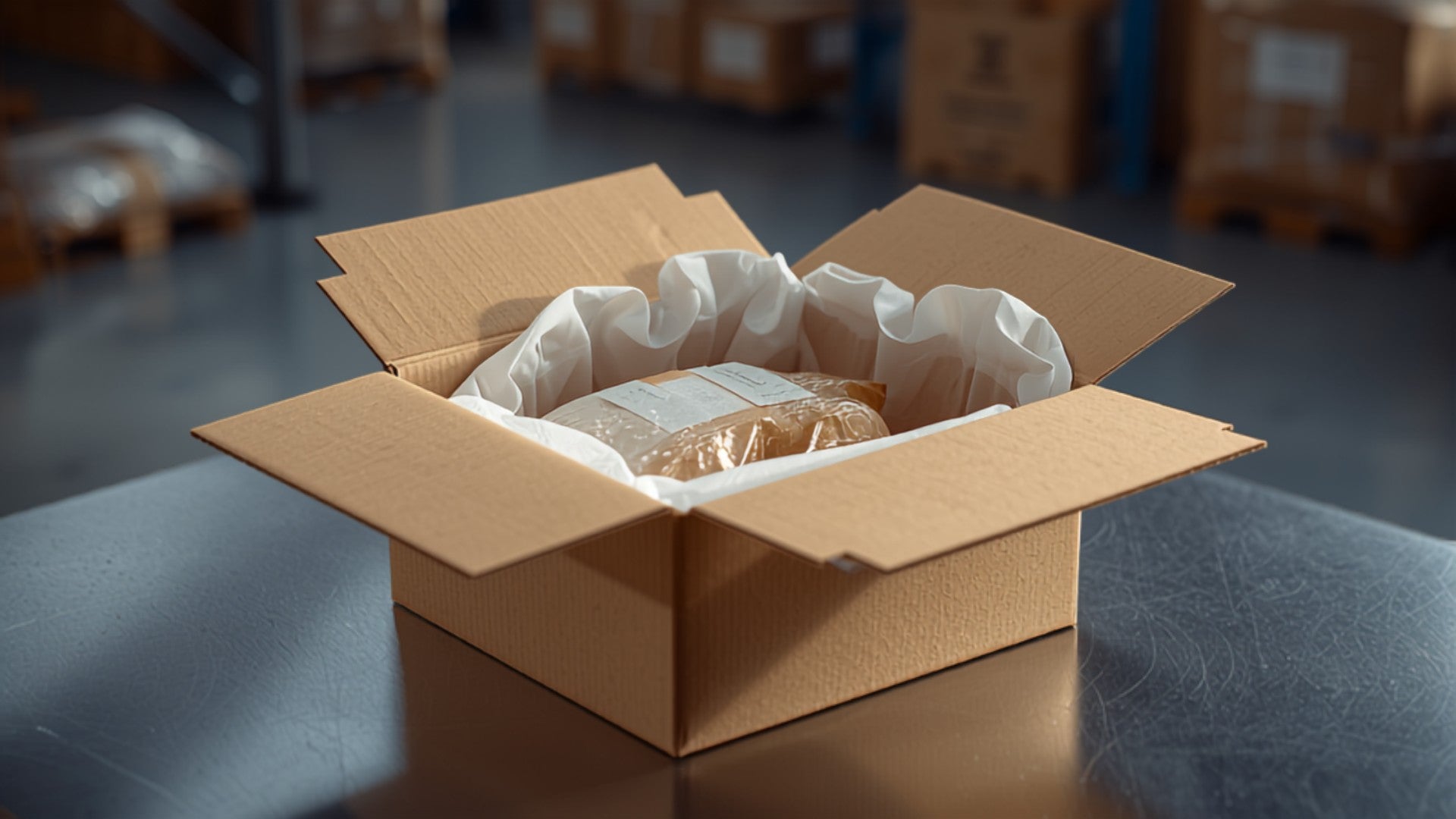 Insulated shipping box with ice packs and condensation on a warehouse packing table