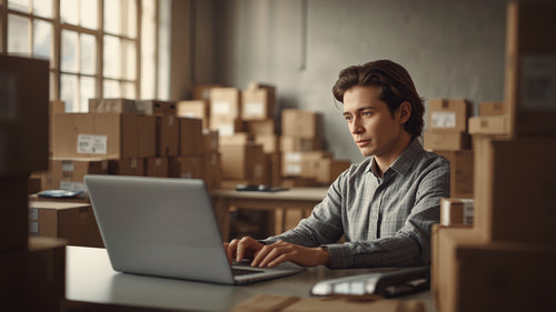 Ecommerce operator reviewing a shipping resolution on a laptop in a fulfillment space with stacked delivery boxes