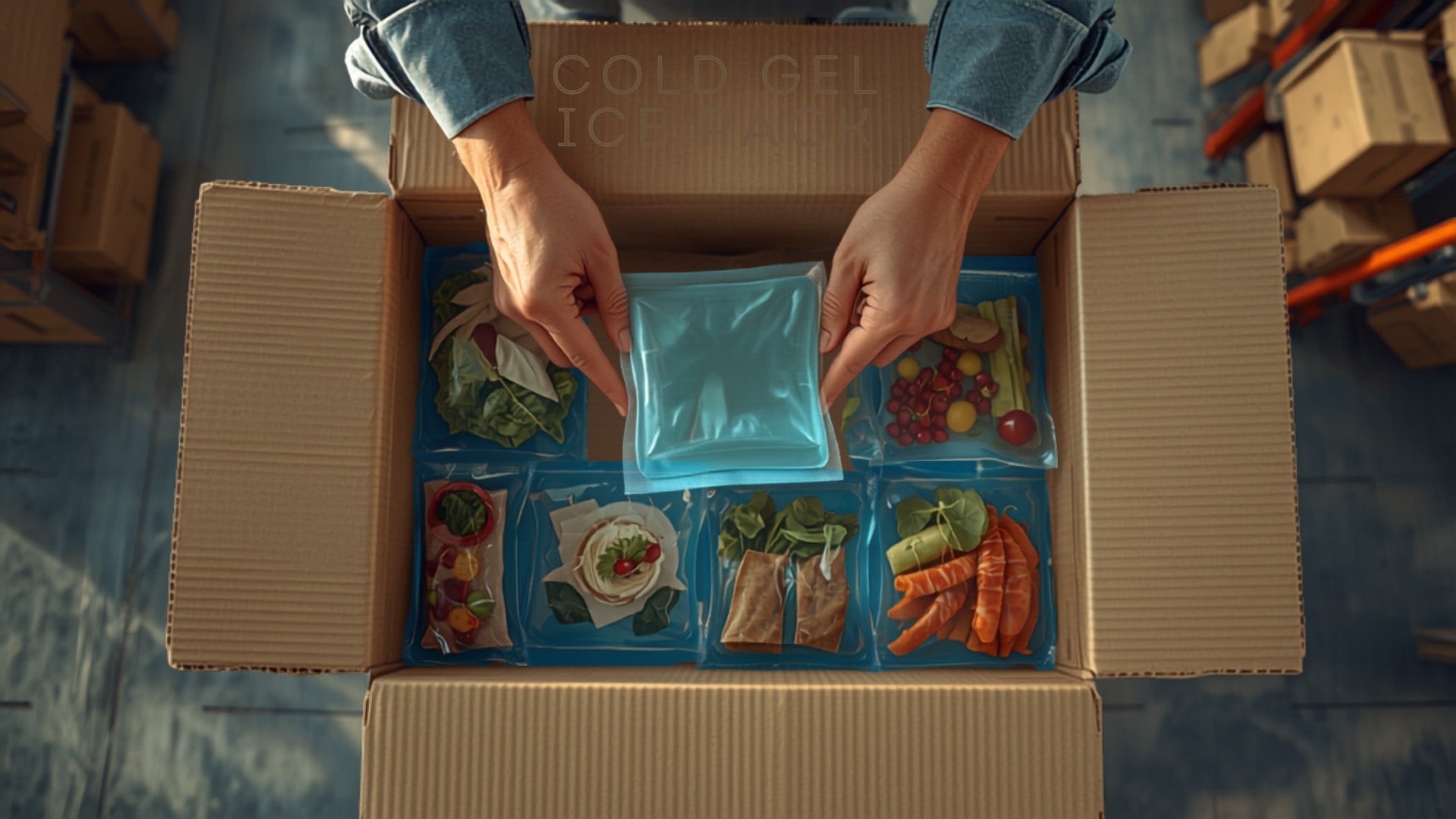 Insulated box packed with perishable food and ice packs, representing cold chain shipping for food and beverage merchants