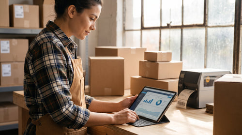Warehouse operator reviewing a self-service resolution on a tablet, representing shipping support automation for Shopify merchants.