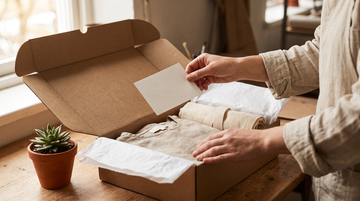 Sustainable packaging on a DTC brand's packing table, representing purpose-driven commerce and customer retention.