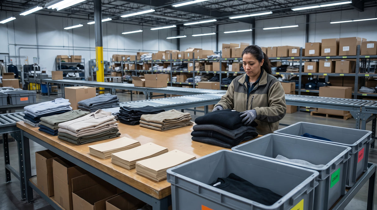Apparel returns being sorted in a warehouse, representing high-return-rate management for fashion brands.