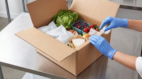 Insulated box being packed with cold packs for perishable shipping, representing freshness guarantees for DTC food brands.