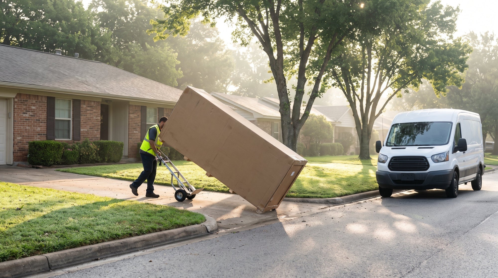 Large fitness equipment package being delivered to a home, representing shipping guarantees for high-ticket fitness brands.