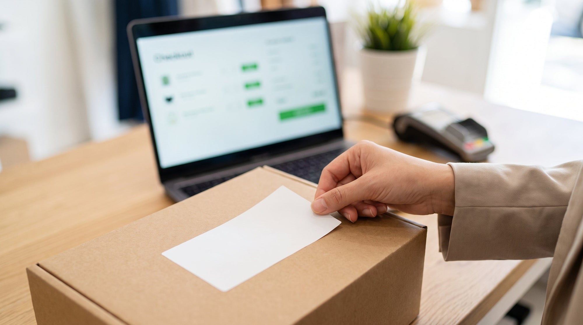 Package being labeled at checkout, representing the choice between carrier and merchant-owned shipping guarantees.